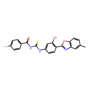 4-fluoro-N-((3-hydroxy-4-(5-methylbenzo[d]oxazol-2-yl)phenyl)carbamothioyl)benzamide structure