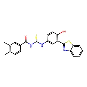 N-((3-(benzo[d]thiazol-2-yl)-4-hydroxyphenyl)carbamothioyl)-3,4-dimethylbenzamide structure
