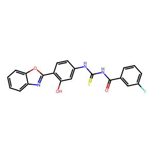 N-((4-(benzo[d]oxazol-2-yl)-3-hydroxyphenyl)carbamothioyl)-3-fluorobenzamide structure