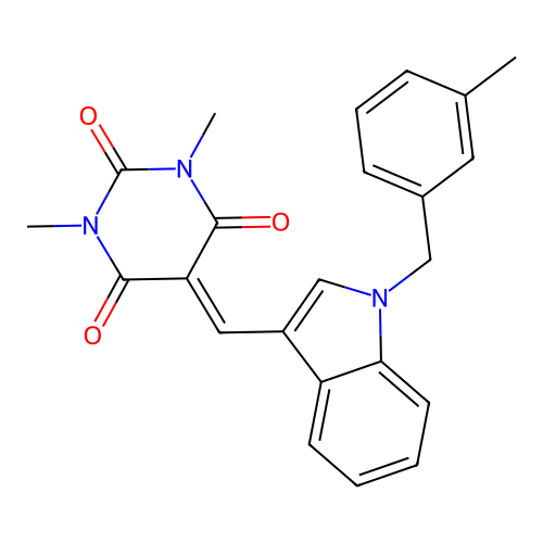 1,3-dimethyl-5-((1-(3-methylbenzyl)-1H-indol-3-yl)methylene)pyrimidine-2,4,6(1H,3H,5H)-trione structure