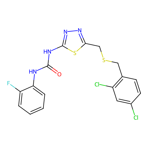 1-(5-{[(2,4-dichlorobenzyl)sulfanyl]methyl}-1,3,4-thiadiazol-2-yl)-3-(2-fluorophenyl)urea structure