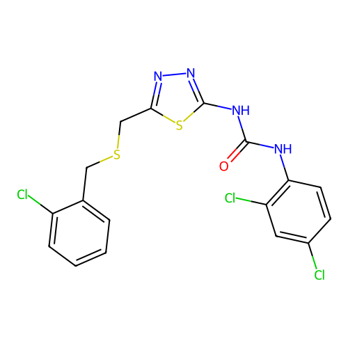 1-(5-{[(2-chlorobenzyl)sulfanyl]methyl}-1,3,4-thiadiazol-2-yl)-3-(2,4-dichlorophenyl)urea structure