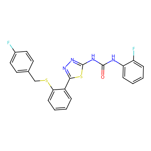 1-(5-{2-[(4-fluorobenzyl)sulfanyl]phenyl}-1,3,4-thiadiazol-2-yl)-3-(2-fluorophenyl)urea structure