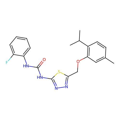 1-(2-fluorophenyl)-3-(5-{[5-methyl-2-(propan-2-yl)phenoxy]methyl}-1,3,4-thiadiazol-2-yl)urea structure