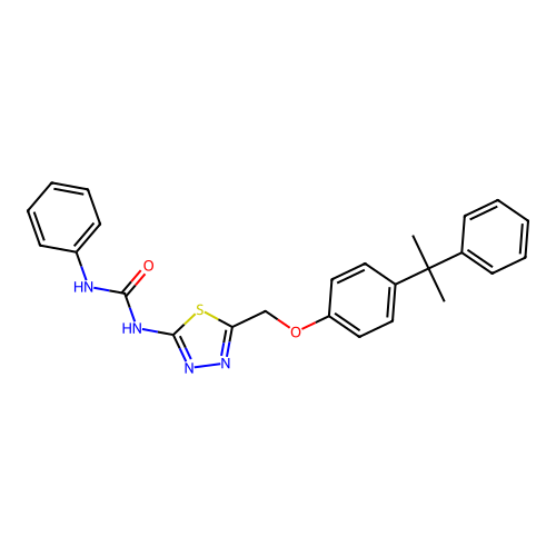 1-phenyl-3-(5-{[4-(2-phenylpropan-2-yl)phenoxy]methyl}-1,3,4-thiadiazol-2-yl)urea structure