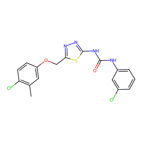 1-{5-[(4-chloro-3-methylphenoxy)methyl]-1,3,4-thiadiazol-2-yl}-3-(3-chlorophenyl)urea structure