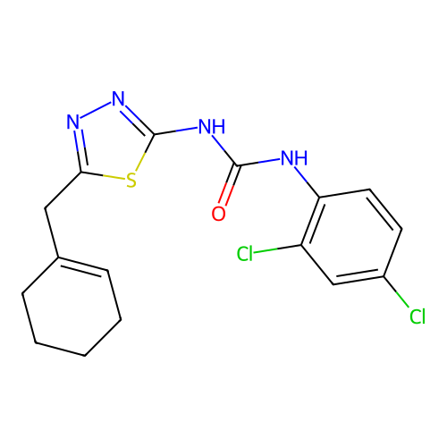 1-[5-(cyclohex-1-en-1-ylmethyl)-1,3,4-thiadiazol-2-yl]-3-(2,4-dichlorophenyl)urea structure
