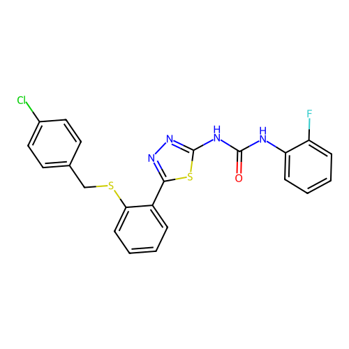 1-(5-{2-[(4-chlorobenzyl)sulfanyl]phenyl}-1,3,4-thiadiazol-2-yl)-3-(2-fluorophenyl)urea structure
