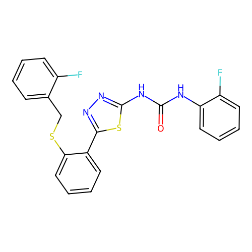 N-(5-{2-[(2-fluorobenzyl)thio]phenyl}-1,3,4-thiadiazol-2-yl)-N'-(2-fluorophenyl)urea structure