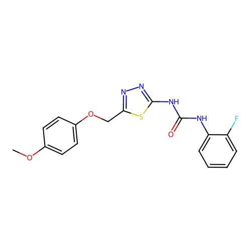 1-(2-Fluorophenyl)-3-{5-[(4-methoxyphenoxy)methyl]-1,3,4-thiadiazol-2-yl}urea structure