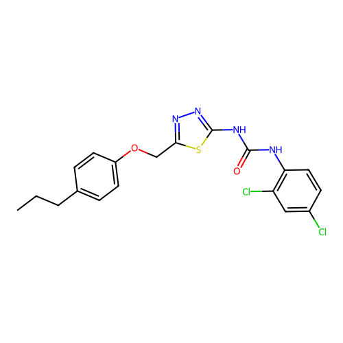 1-(2,4-Dichlorophenyl)-3-{5-[(4-propylphenoxy)methyl]-1,3,4-thiadiazol-2-yl}urea structure