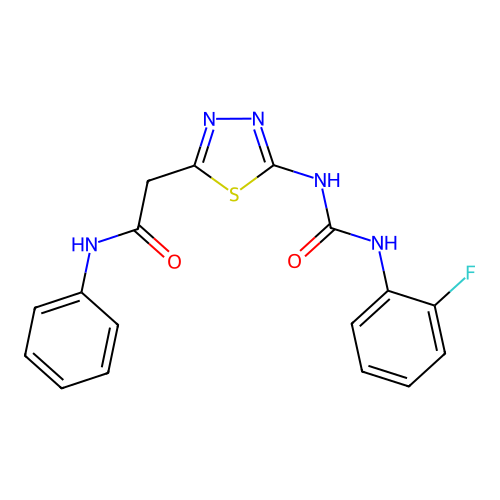 2-(5-{[(2-fluorophenyl)carbamoyl]amino}-1,3,4-thiadiazol-2-yl)-N-phenylacetamide structure