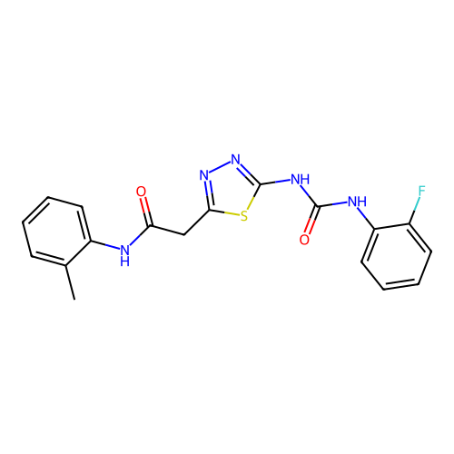 2-(5-{[(2-fluorophenyl)carbamoyl]amino}-1,3,4-thiadiazol-2-yl)-N-(2-methylphenyl)acetamide structure