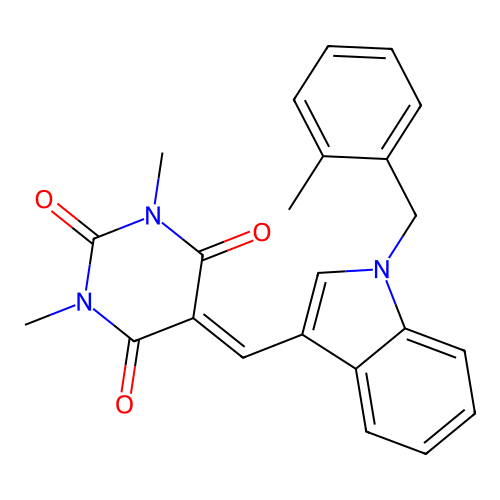 1,3-dimethyl-5-((1-(2-methylbenzyl)-1H-indol-3-yl)methylene)pyrimidine-2,4,6(1H,3H,5H)-trione structure