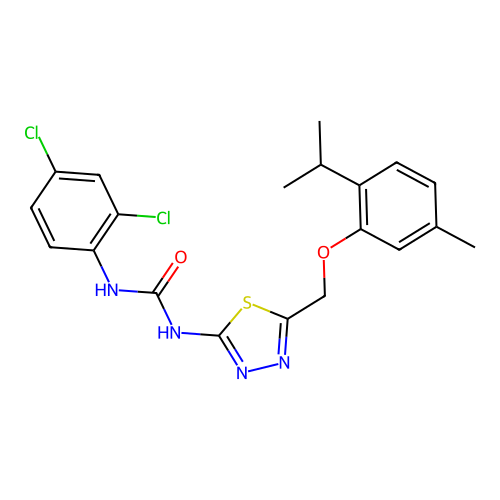 1-(2,4-dichlorophenyl)-3-(5-{[5-methyl-2-(propan-2-yl)phenoxy]methyl}-1,3,4-thiadiazol-2-yl)urea structure
