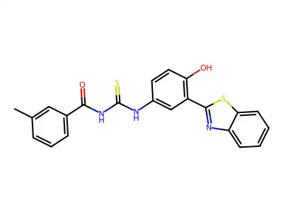 N-((3-(benzo[d]thiazol-2-yl)-4-hydroxyphenyl)carbamothioyl)-3-methylbenzamide structure