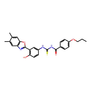 N-((3-(5,6-dimethylbenzo[d]oxazol-2-yl)-4-hydroxyphenyl)carbamothioyl)-4-propoxybenzamide structure