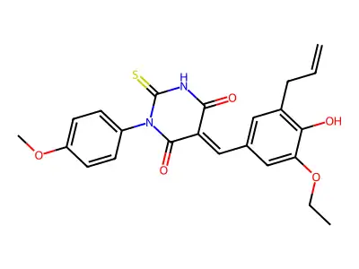 (5E)-5-[(3-ethoxy-4-hydroxy-5-prop-2-enylphenyl)methylidene]-1-(4-methoxyphenyl)-2-sulfanylidene-1,3-diazinane-4,6-dione structure