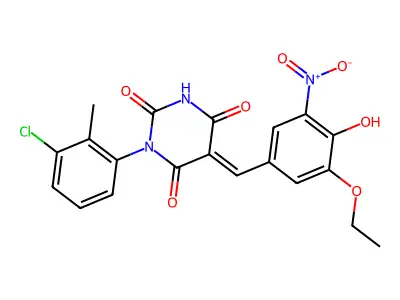 (5E)-1-(3-chloro-2-methylphenyl)-5-[(3-ethoxy-4-hydroxy-5-nitrophenyl)methylidene]-1,3-diazinane-2,4,6-trione structure