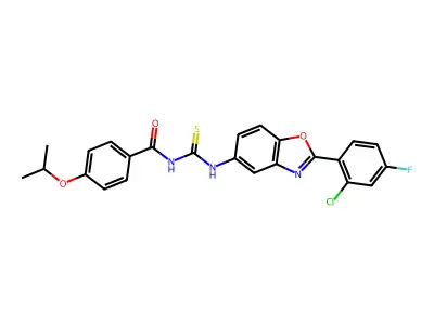 N-[[2-(2-chloro-4-fluorophenyl)-1,3-benzoxazol-5-yl]carbamothioyl]-4-propan-2-yloxybenzamide structure