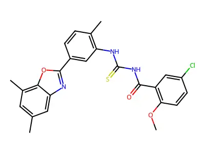 5-chloro-N-[[5-(5,7-dimethyl-1,3-benzoxazol-2-yl)-2-methylphenyl]carbamothioyl]-2-methoxybenzamide structure