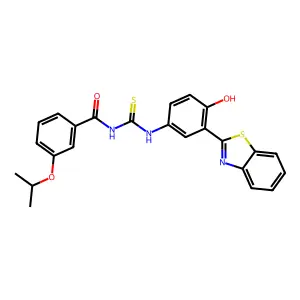 N-((3-(benzo[d]thiazol-2-yl)-4-hydroxyphenyl)carbamothioyl)-3-isopropoxybenzamide structure