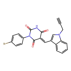 (5E)-1-(4-bromophenyl)-5-[(1-prop-2-ynylindol-3-yl)methylidene]-1,3-diazinane-2,4,6-trione structure