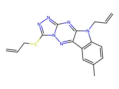 10-allyl-3-(allylthio)-7-methyl-10H-[1,2,4]triazolo[4',3':2,3][1,2,4]triazino[5,6-b]indole structure