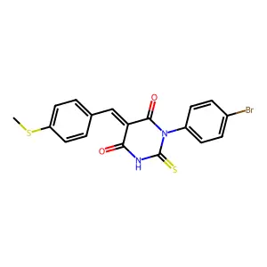 (5E)-1-(4-bromophenyl)-5-[(4-methylsulfanylphenyl)methylidene]-2-sulfanylidene-1,3-diazinane-4,6-dione structure