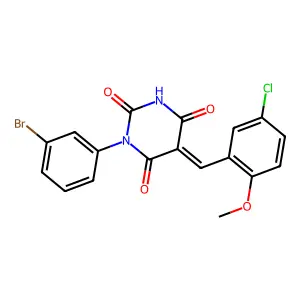 (5E)-1-(3-bromophenyl)-5-(5-chloro-2-methoxybenzylidene)pyrimidine-2,4,6(1H,3H,5H)-trione structure