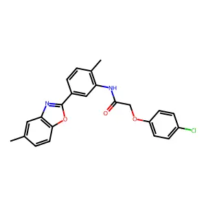 2-(4-chlorophenoxy)-N-[2-methyl-5-(5-methyl-1,3-benzoxazol-2-yl)phenyl]acetamide structure
