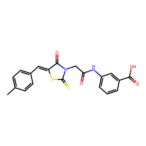 (Z)-3-(2-(5-(4-methylbenzylidene)-4-oxo-2-thioxothiazolidin-3-yl)acetamido)benzoic acid structure