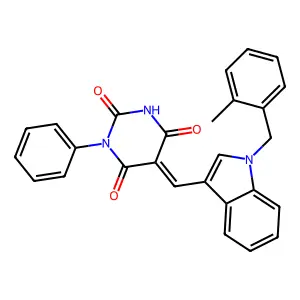 (5Z)-5-[[1-[(2-methylphenyl)methyl]indol-3-yl]methylidene]-1-phenyl-1,3-diazinane-2,4,6-trione structure