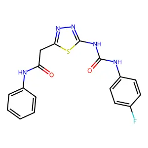 2-(5-{[(4-fluorophenyl)carbamoyl]amino}-1,3,4-thiadiazol-2-yl)-N-phenylacetamide structure
