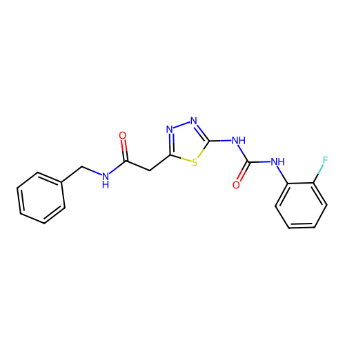 N-benzyl-2-(5-{[(2-fluorophenyl)carbamoyl]amino}-1,3,4-thiadiazol-2-yl)acetamide structure