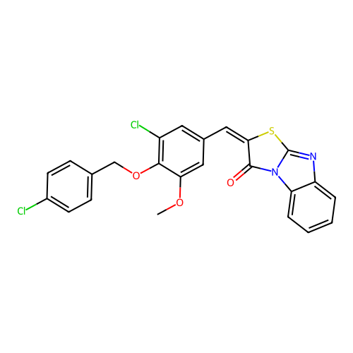 (2E)-2-[[3-chloro-4-[(4-chlorophenyl)methoxy]-5-methoxyphenyl]methylidene]-[1,3]thiazolo[3,2-a]benzimidazol-1-one structure