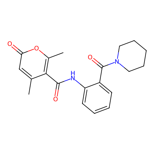 2,4-dimethyl-6-oxo-N-[2-(piperidine-1-carbonyl)phenyl]pyran-3-carboxamide structure