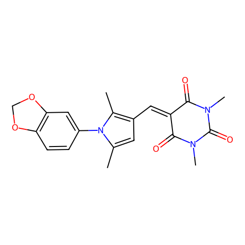 5-{[1-(1,3-benzodioxol-5-yl)-2,5-dimethyl-1H-pyrrol-3-yl]methylene}-1,3-dimethyl-2,4,6(1H,3H,5H)-pyrimidinetrione structure