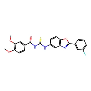 N-[[2-(3-fluorophenyl)-1,3-benzoxazol-5-yl]carbamothioyl]-3,4-dimethoxybenzamide structure