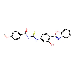 N-((4-(benzo[d]oxazol-2-yl)-3-hydroxyphenyl)carbamothioyl)-4-methoxybenzamide structure