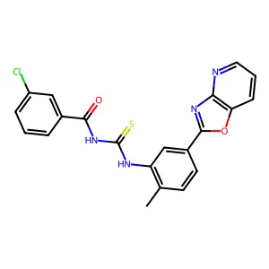 3-chloro-N-((2-methyl-5-(oxazolo[4,5-b]pyridin-2-yl)phenyl)carbamothioyl)benzamide structure