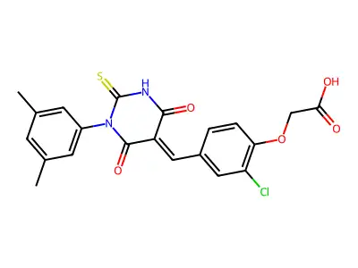 (2-chloro-4-{(E)-[1-(3,5-dimethylphenyl)-4,6-dioxo-2-thioxotetrahydropyrimidin-5(2H)-ylidene]methyl}phenoxy)acetic acid structure