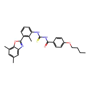 4-butoxy-N-[[3-(5,7-dimethyl-1,3-benzoxazol-2-yl)-2-methylphenyl]carbamothioyl]benzamide structure