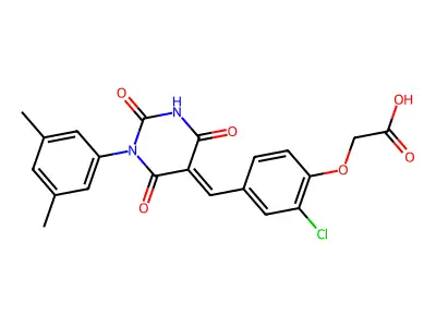 (2-chloro-4-{(E)-[1-(3,5-dimethylphenyl)-2,4,6-trioxotetrahydropyrimidin-5(2H)-ylidene]methyl}phenoxy)acetic acid structure