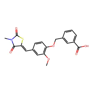 (E)-3-((2-methoxy-4-((3-methyl-2,4-dioxothiazolidin-5-ylidene)methyl)phenoxy)methyl)benzoic acid structure