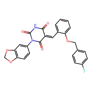 (5E)-1-(1,3-benzodioxol-5-yl)-5-[[2-[(4-fluorophenyl)methoxy]phenyl]methylidene]-1,3-diazinane-2,4,6-trione structure
