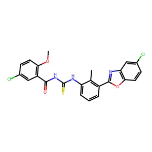 5-chloro-N-[[3-(5-chloro-1,3-benzoxazol-2-yl)-2-methylphenyl]carbamothioyl]-2-methoxybenzamide structure