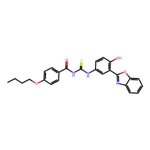 N-((3-(benzo[d]oxazol-2-yl)-4-hydroxyphenyl)carbamothioyl)-4-butoxybenzamide structure