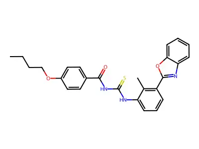 N-[[3-(1,3-benzoxazol-2-yl)-2-methylphenyl]carbamothioyl]-4-butoxybenzamide structure