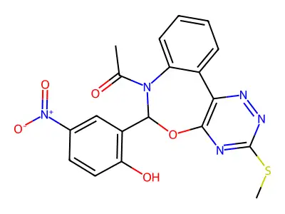 1-[6-(2-hydroxy-5-nitrophenyl)-3-methylsulfanyl-6H-[1,2,4]triazino[5,6-d][3,1]benzoxazepin-7-yl]ethanone structure